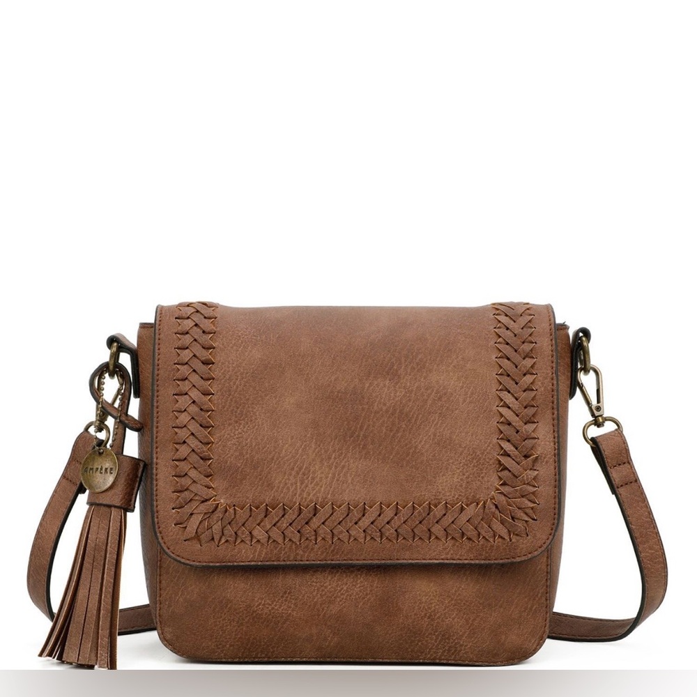 Ampere Creations Vegan Leather Crossbody Bag Brown Braided Flap Adjustable Strap - Picture 8 of 10